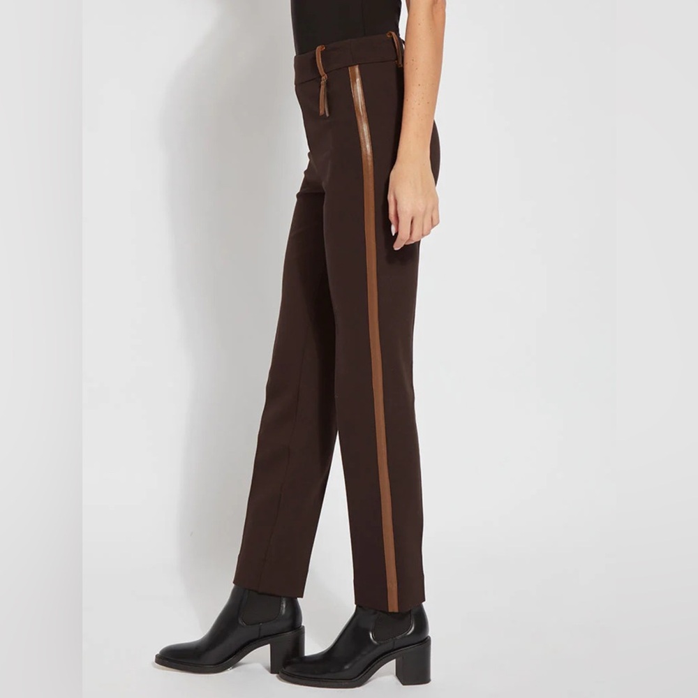 Lysse Trouser: Double Espresso Ponte with Bronze vegan leather trim